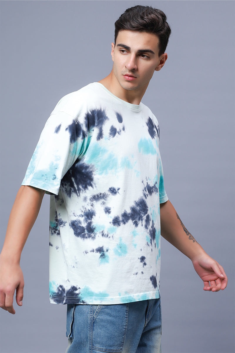 Men's Sea Green Pure Cotton Tie & Dye Oversized T-shirt - Peplos Jeans 