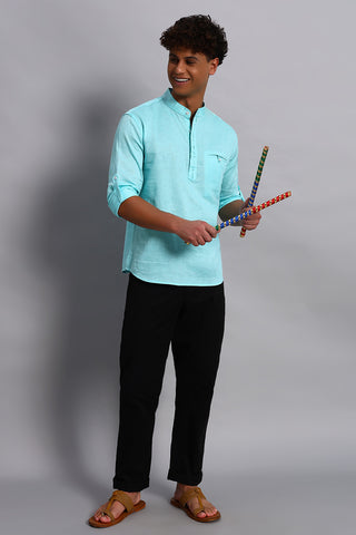 Full sleeves Aqua color Pure Cotton Short Kurta Shirt