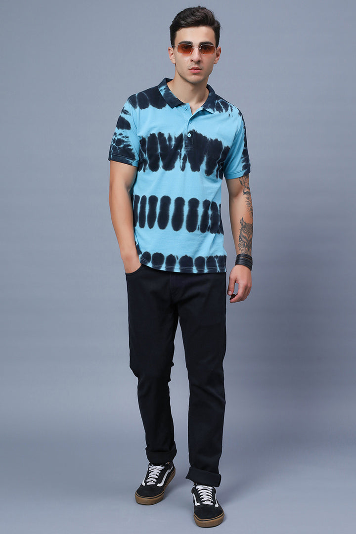 Men's Polo Neck Blue Tie & Dye Cotton T-shirt