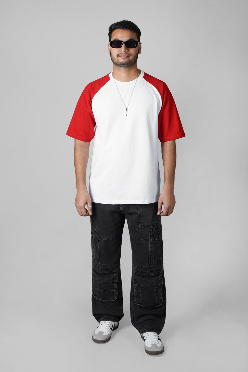 Oversized Printed Raglan Sleeves T-Shirt (Red & White)