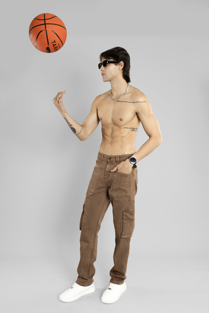 Men's Straight Fit Denim Cargo Pant (Coffee Brown)