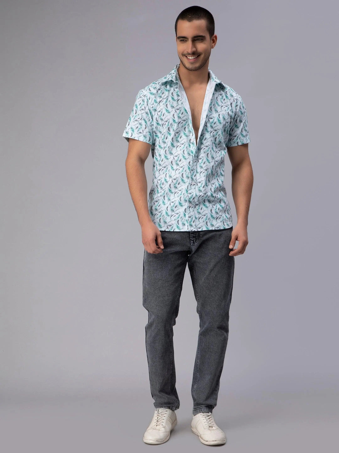 Men's Sky Blue Trendy Style Printed Half-Sleeve Shirt - Peplos Jeans 