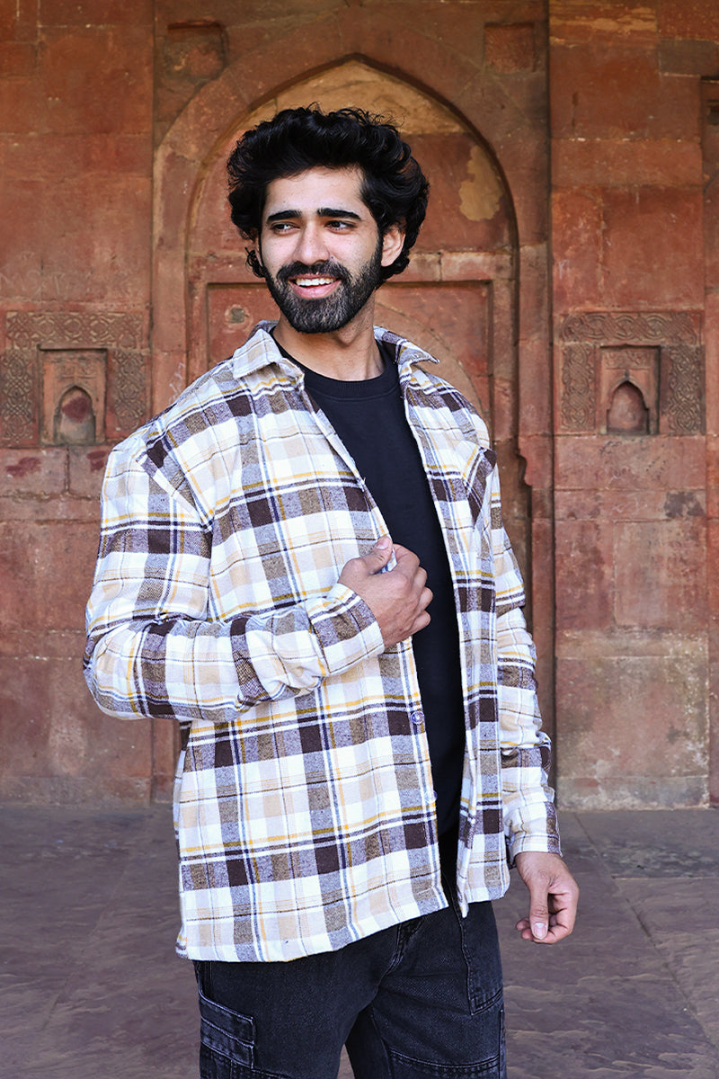 Oversized Checkered Shacket For Men (Brown)