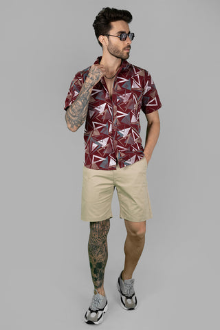 Geometric Print Men's Maroon Funky Shirt