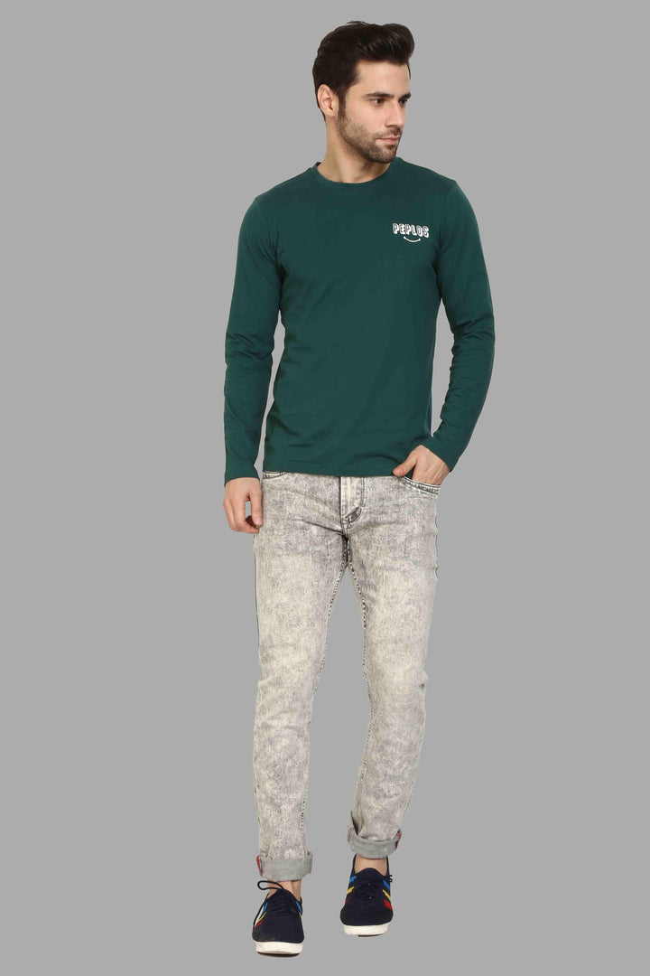 Full Sleeve Green Round Neck T-Shirt For Men - Peplos Jeans 