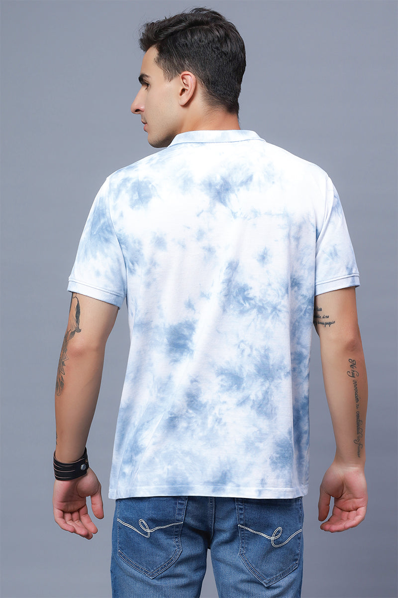 Men's Polo Neck Blue Tie & Dye Cotton T-shirt - Peplos Jeans 