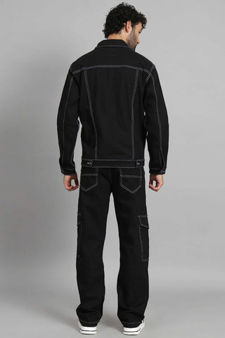 Regular Fit Black Denim Cargo & Jacket Co-ord Set for Men