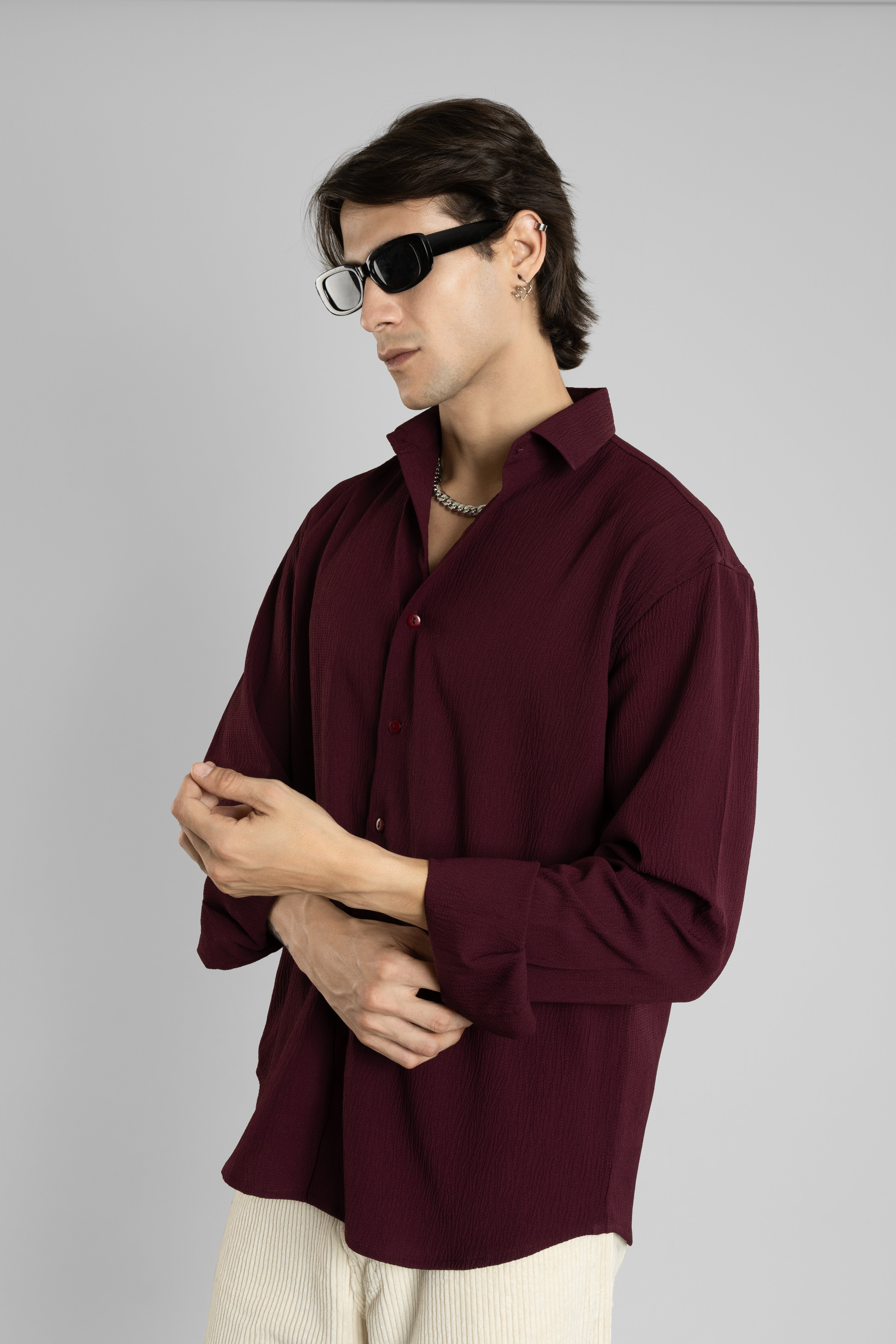 Men's Full Sleeves Textured Wine Shirt