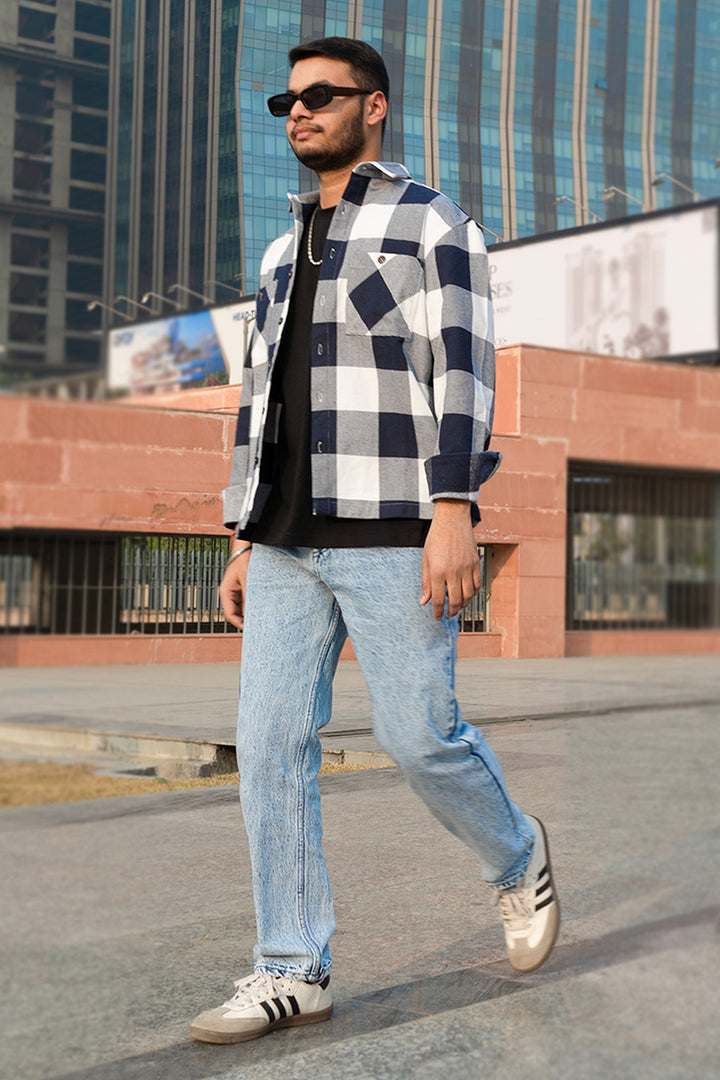 Oversized Flannel Shirt For Men (White & Navy)