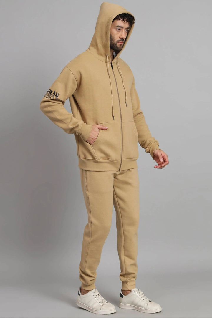 Regular Fit Fawn Color Zipper Hoodie-Trouser Co-ord Set For Men