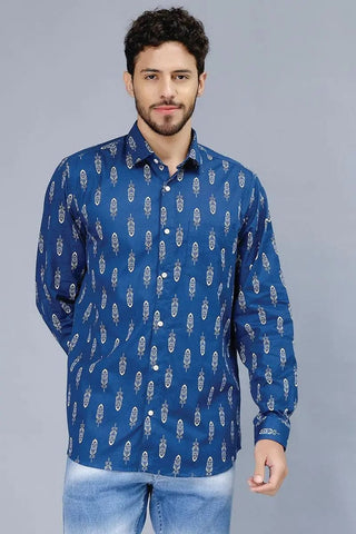 Men's Dark Blue Multi Color Patterned Casual Shirt