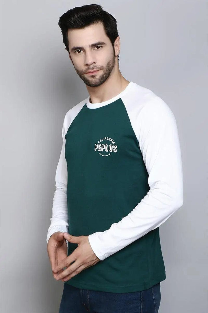 Full Sleeve Regular Fit Raglan Green White T-Shirt for Men - Peplos Jeans 