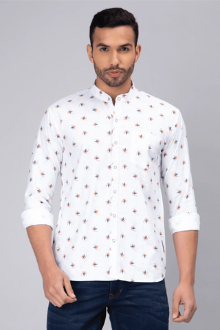 Regular Fit Chinese Collar White Printed Shirt For Men