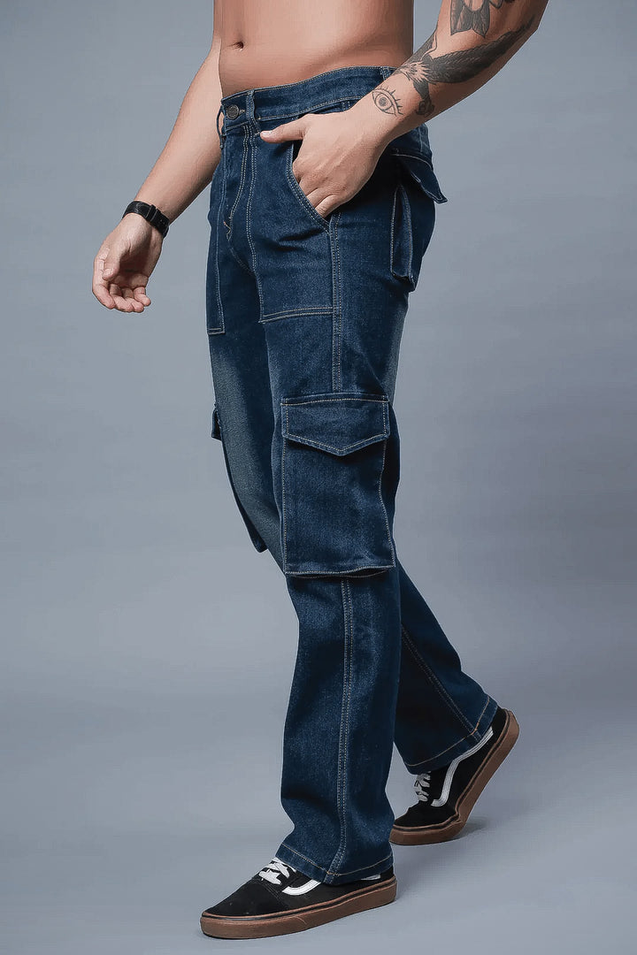 left side view of Men's Multi Pocket Dark Blue Cargo Jeans- Peplos Jeans 