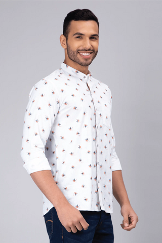 Regular Fit Chinese Collar White Printed Shirt For Men