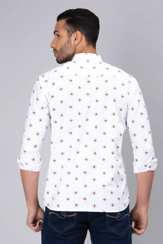 Regular Fit Chinese Collar White Printed Shirt For Men