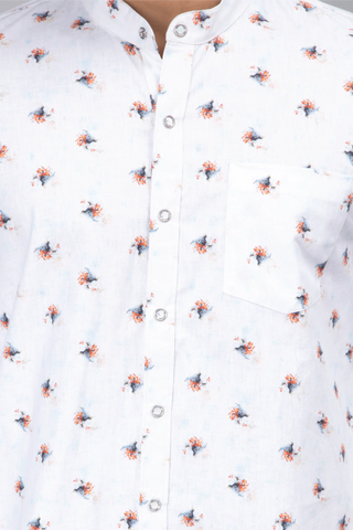 Regular Fit Chinese Collar White Printed Shirt For Men