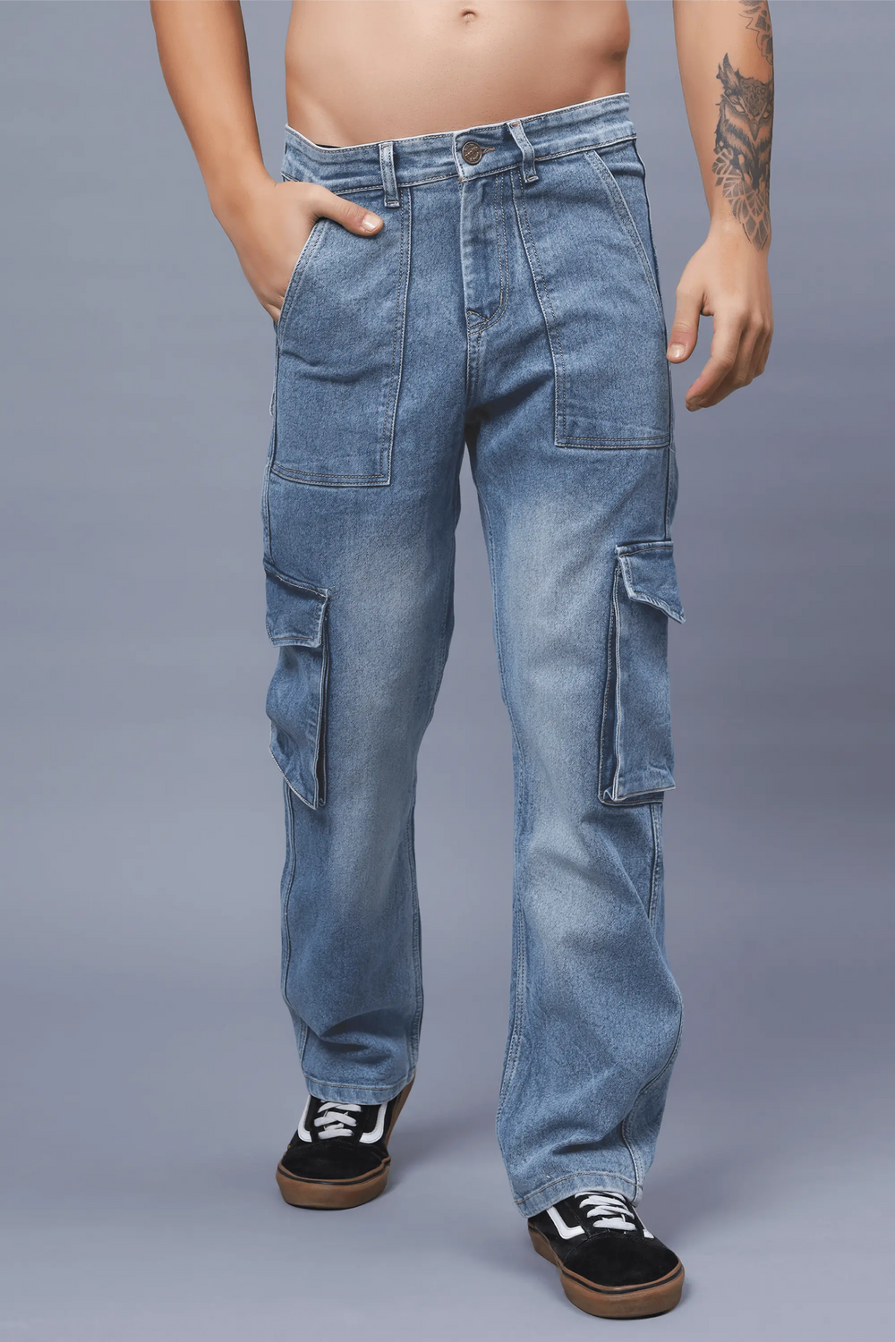 Men's Loose Fit Multiple Pocket Blue Cargo Denim Jeans