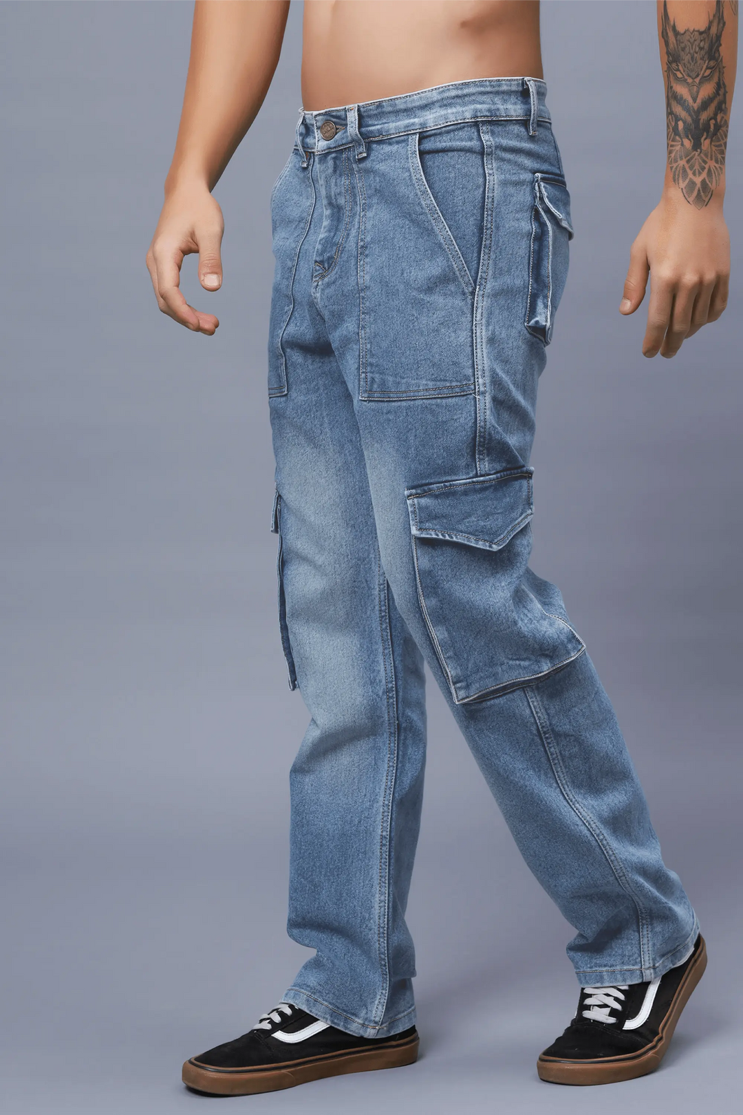 Men's Loose Fit Multiple Pocket Blue Cargo Denim Jeans
