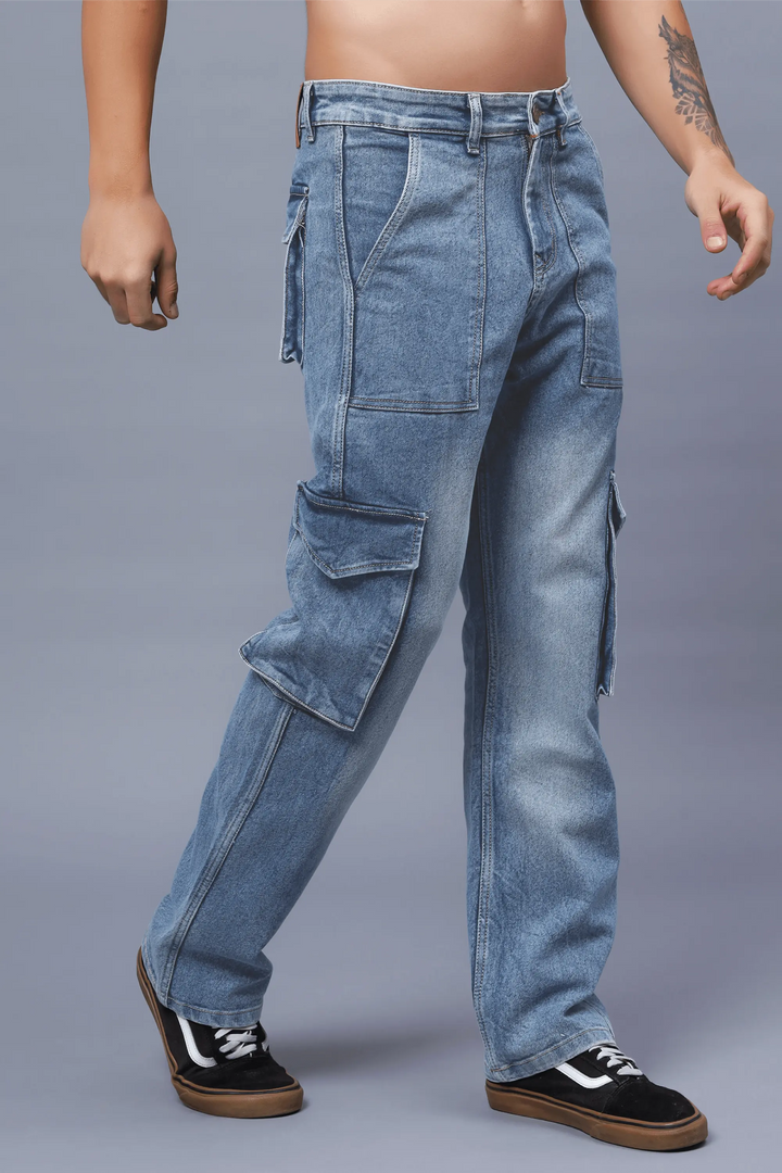 Men's Loose Fit Multiple Pocket Blue Cargo Denim Jeans - Peplos Jeans 