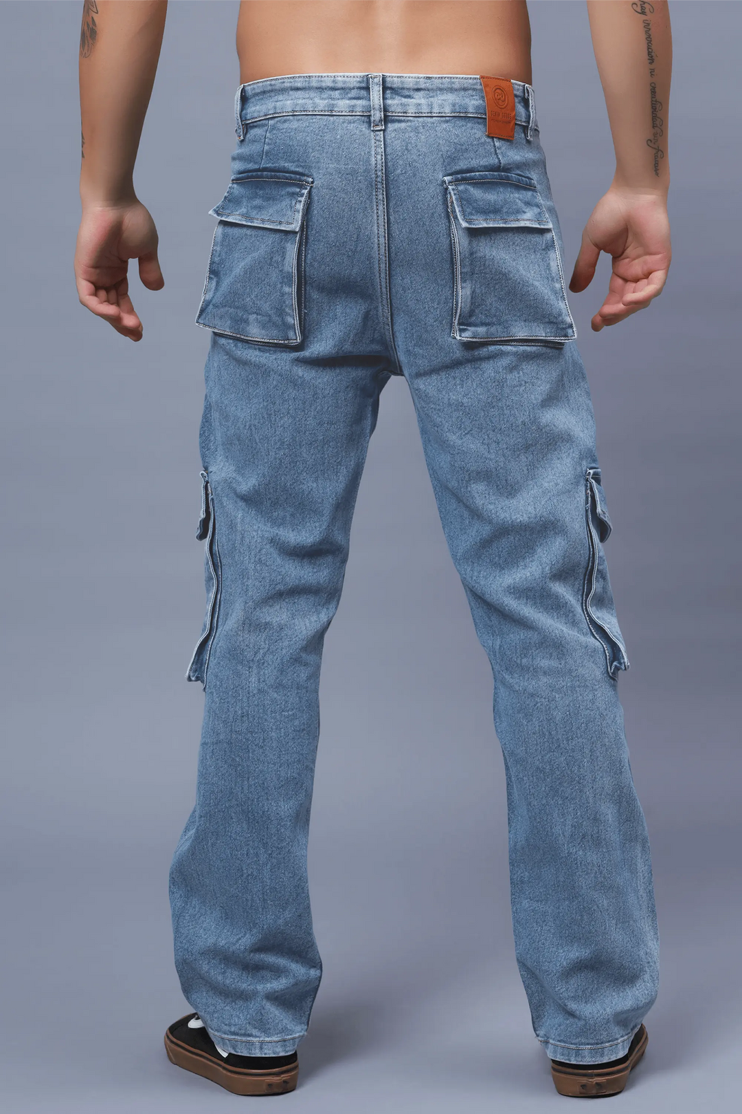 Men's Loose Fit Multiple Pocket Blue Cargo Denim Jeans