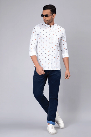 Regular Fit Chinese Collar White Printed Shirt For Men