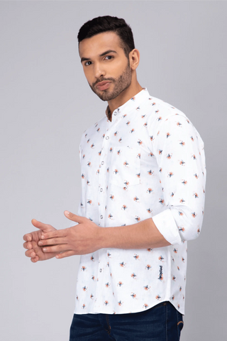 Regular Fit Chinese Collar White Printed Shirt For Men