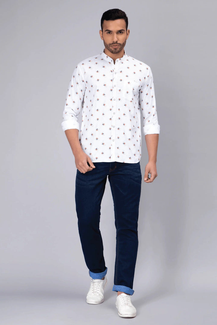 Regular Fit Chinese Color White Printed Shirt For Men - Peplos Jeans 