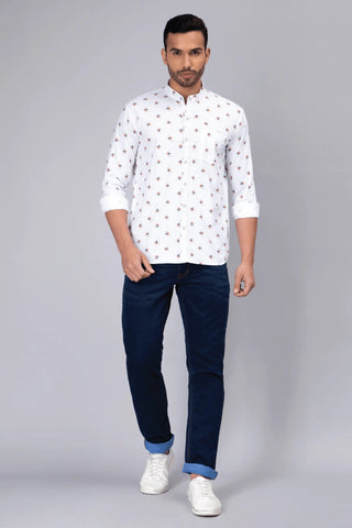 Regular Fit Chinese Collar White Printed Shirt For Men