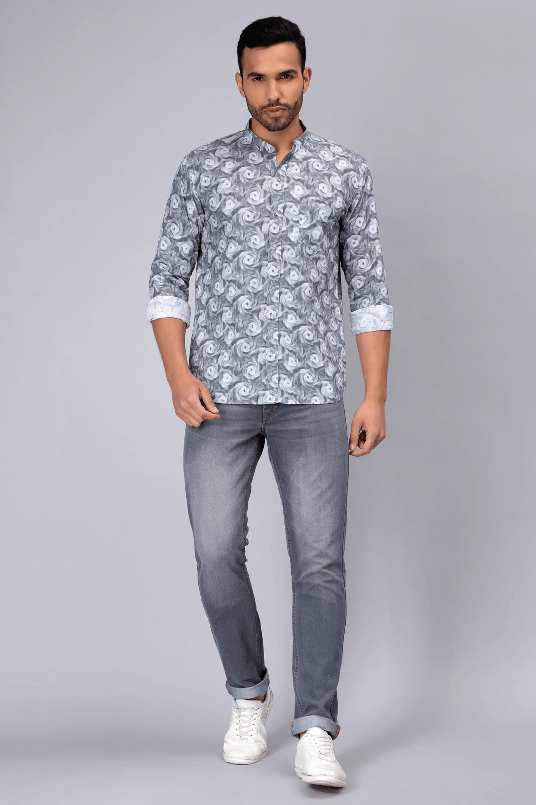 Regular Fit Chinese Color Grey Printed Shirt For Men