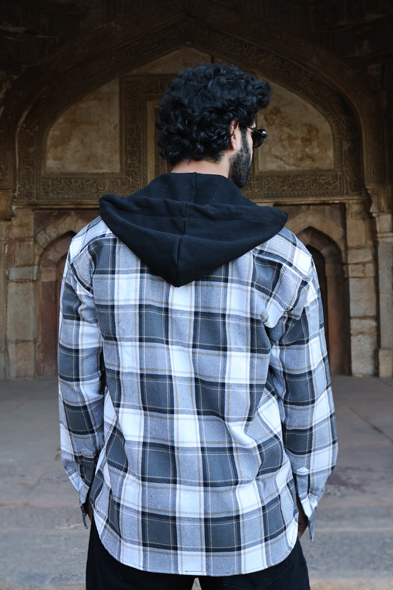 Oversized Hooded Checkered Shacket For Men (Black)