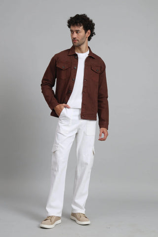 Men's Loose Fit Multiple Pocket White Denim Cargo Pant