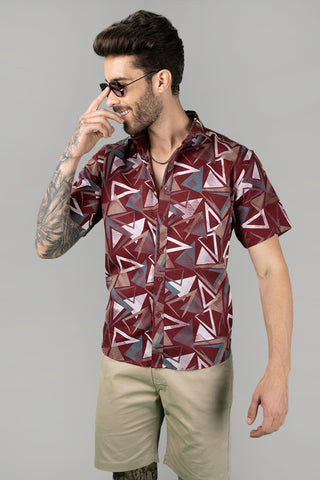 Geometric Print Men's Maroon Funky Shirt