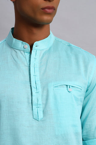 Full sleeves Aqua color Pure Cotton Short Kurta Shirt