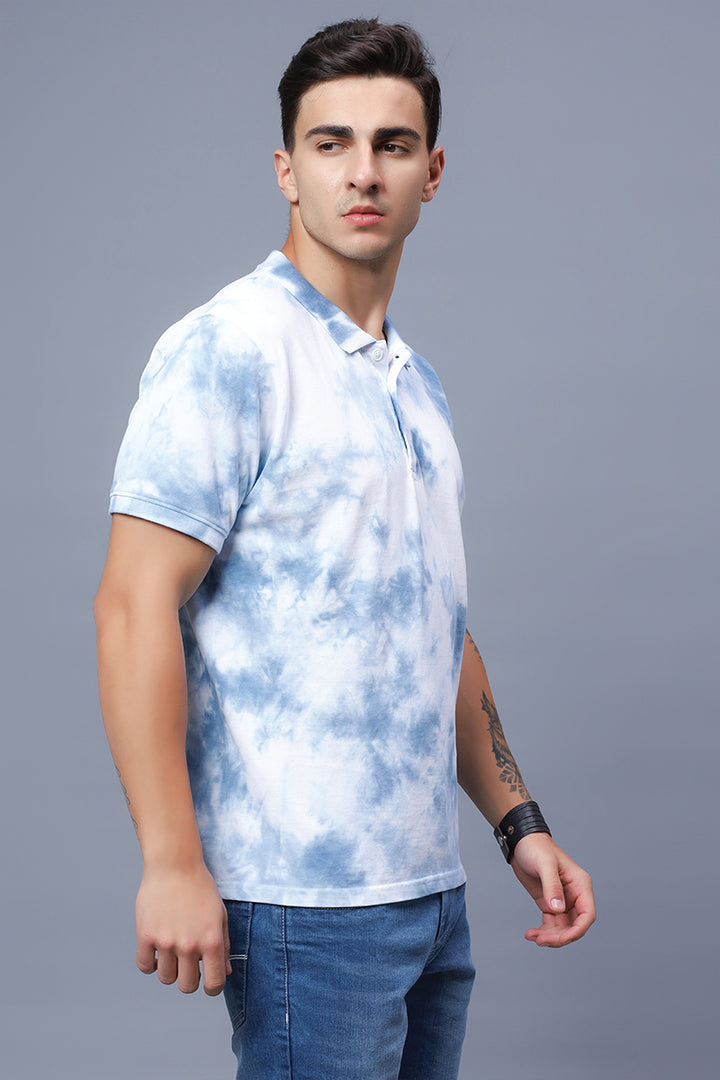 Men's Polo Neck Blue Tie & Dye Cotton T-shirt - Peplos Jeans 