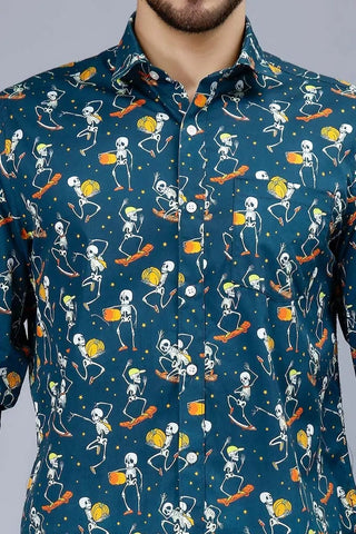 Men's Teal Blue Skeleton Casual Shirt