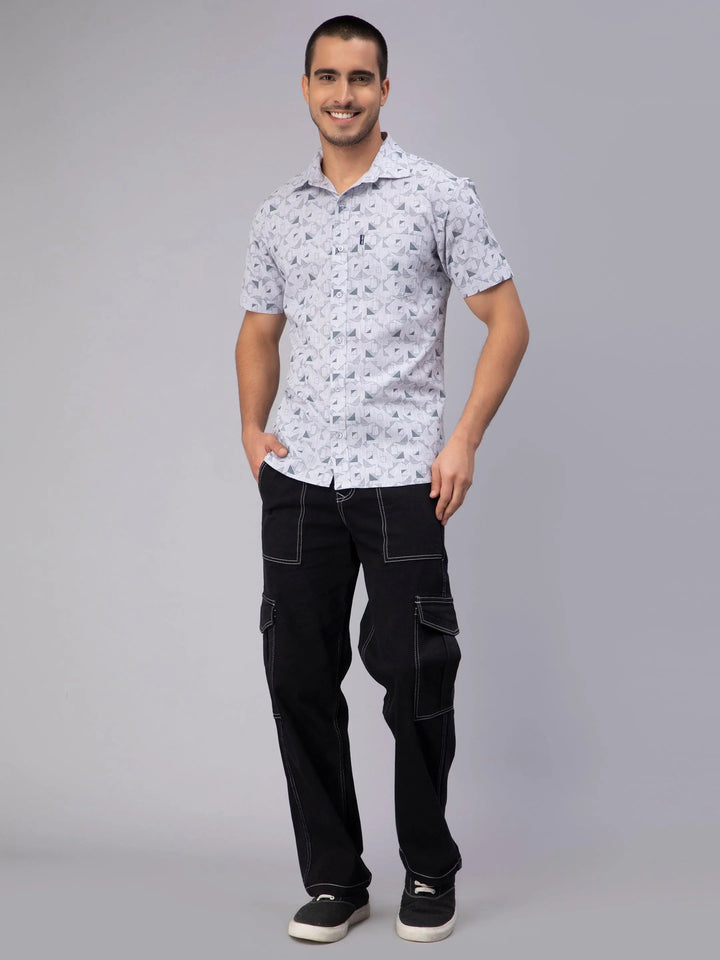 Regular Fit Pure Cotton Grey Printed Casual Shirt For Men