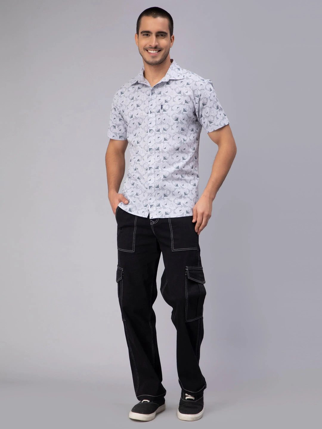 Regular Fit Pure Cotton Grey Printed Casual Shirt For Men - Peplos Jeans 