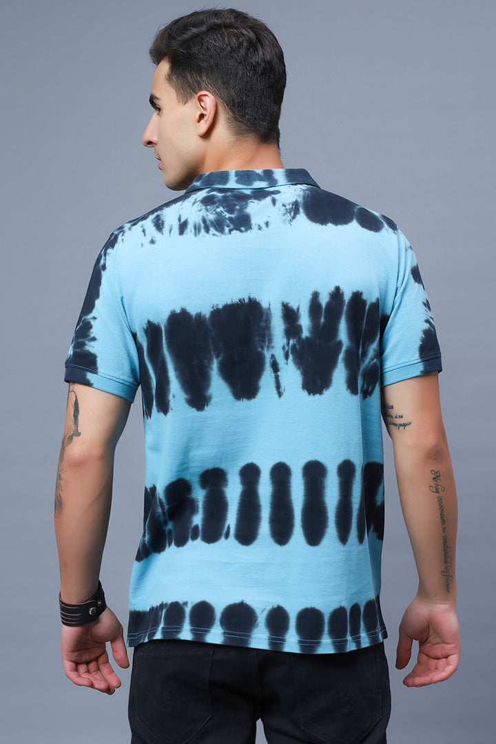 Men's Polo Neck Blue Tie & Dye Cotton T-shirt - Peplos Jeans 