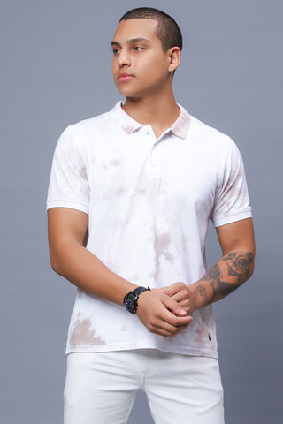 Men's Polo Neck White Tie & Dye Cotton T-shirt