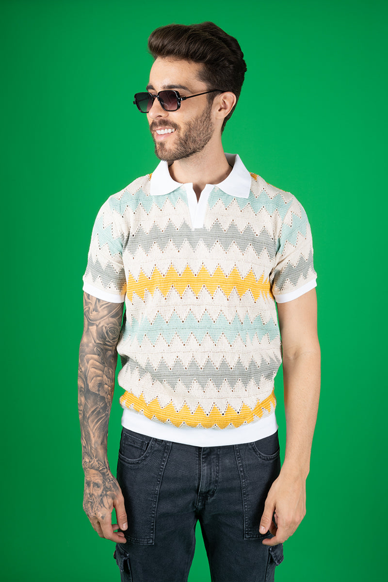 Peplos Jeans Regular Fit Crochet Polo Neck Tee - Multi-Color Textured T-Shirt
