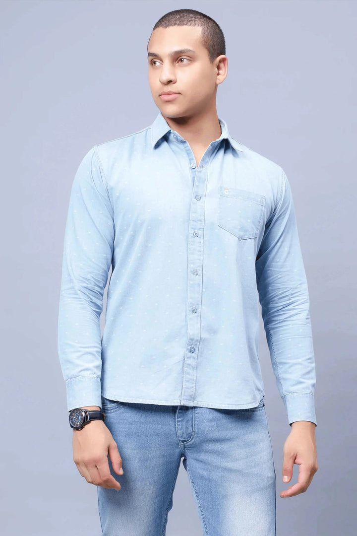 Regular Fit Light Blue Solid Denim Shirt For Men