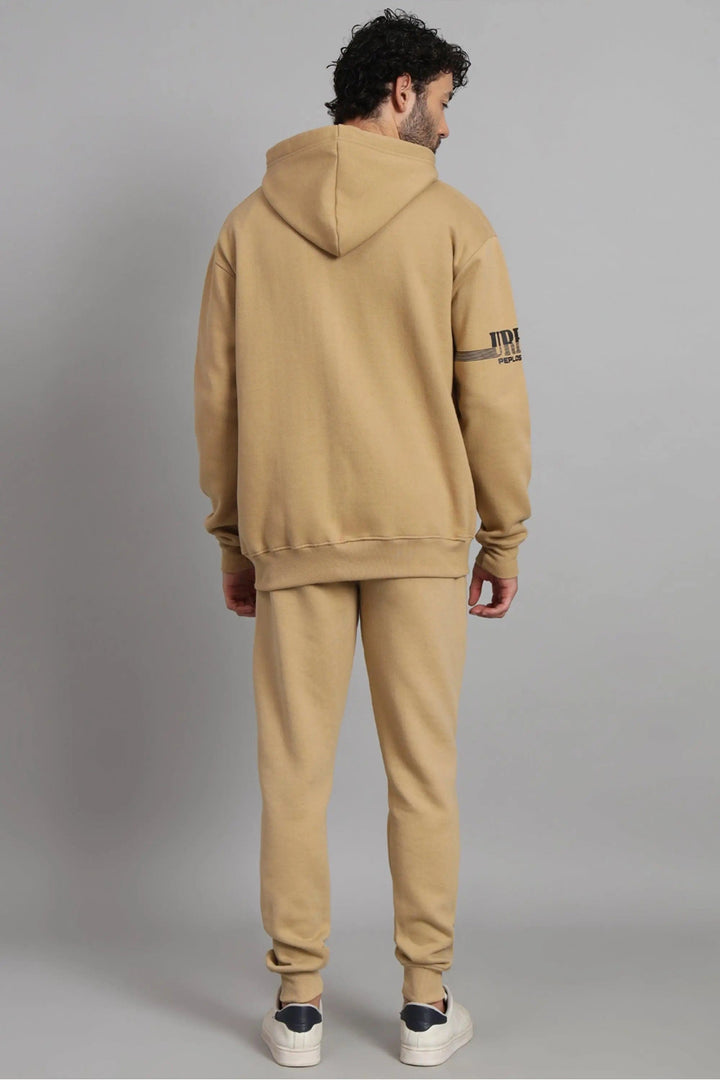 Regular Fit Fawn Color Zipper Hoodie-Trouser Co-ord Set For Men