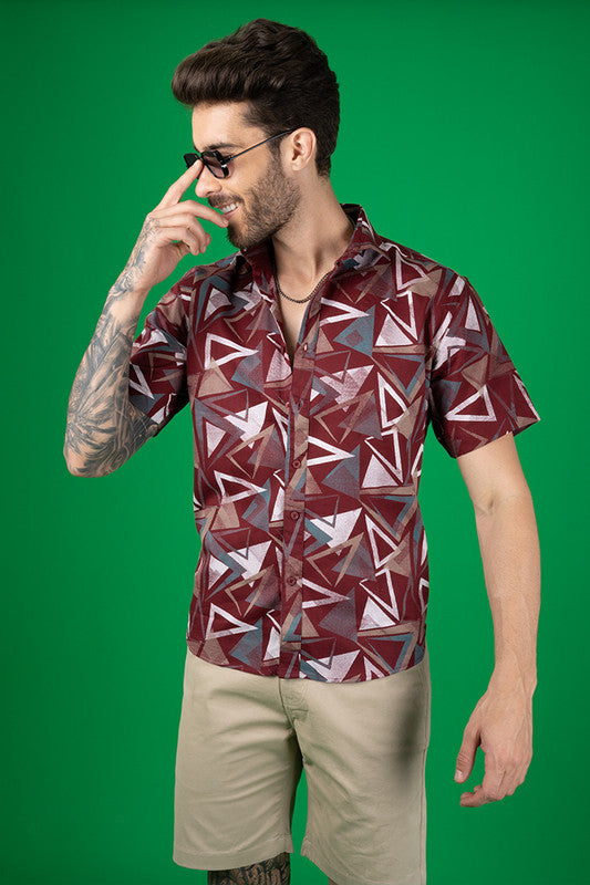 Men's Regular Fit Maroon Cotton Casual Shirt - Geometric Print - Half Sleeves