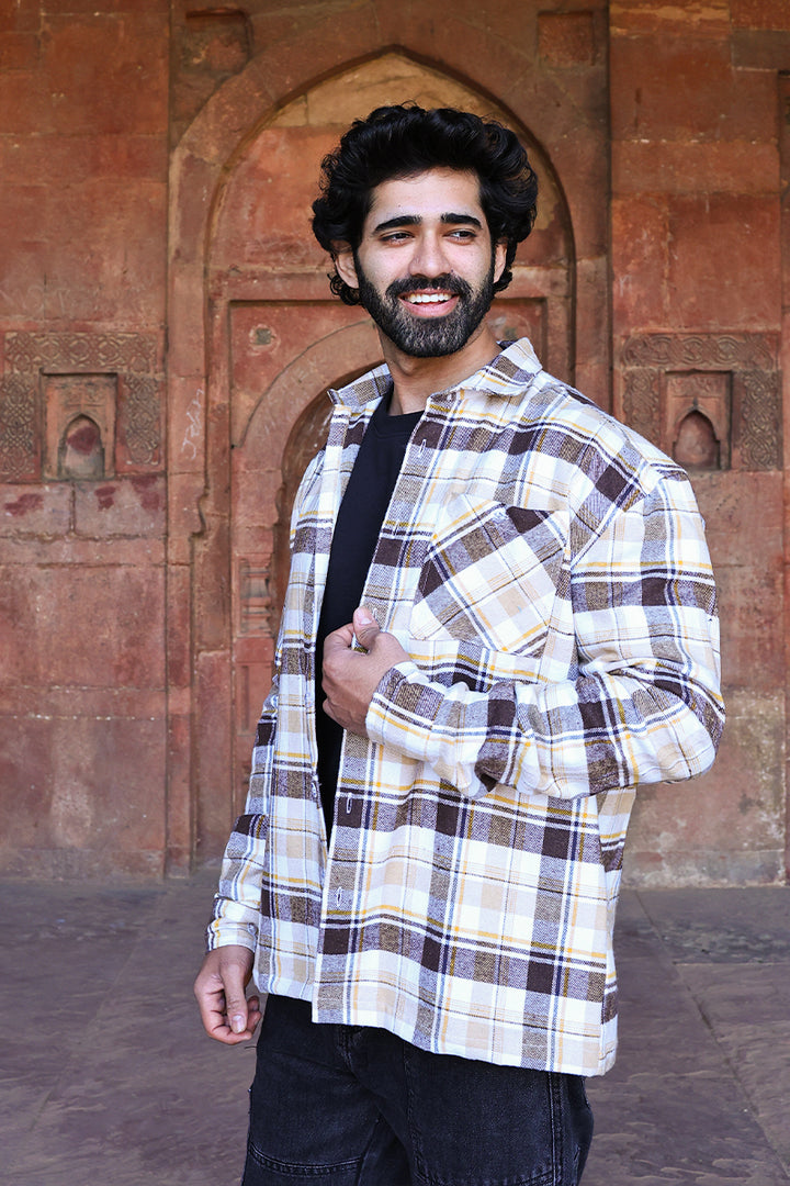 Oversized Checkered Shacket For Men (Brown)