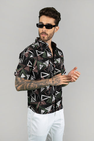 Men's Black Cotton Casual Geometric Patterned Shirt