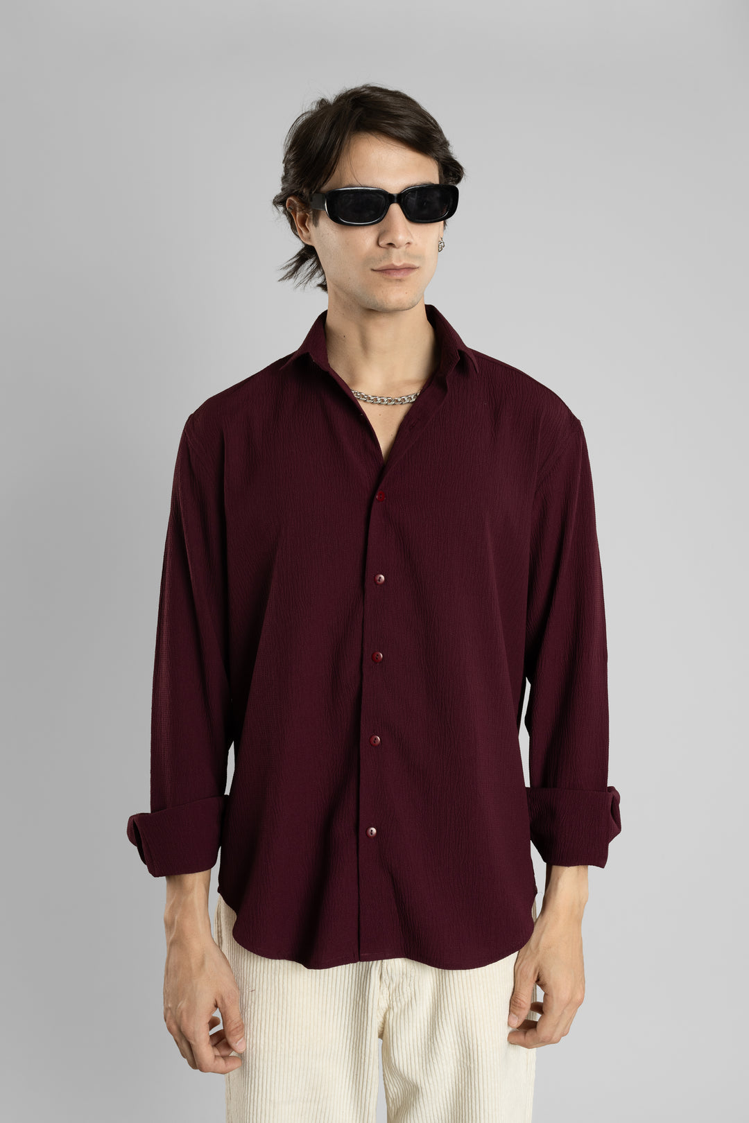 Men's Full Sleeves Textured Wine Shirt