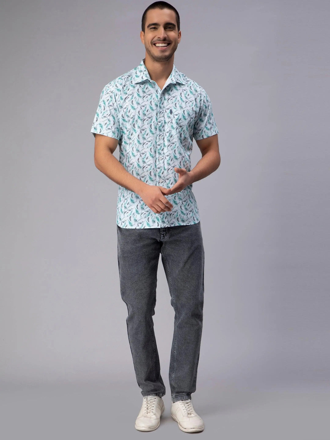 Men's Sky Blue Trendy Style Printed Half-Sleeve Shirt - Peplos Jeans 