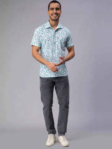 Men's Sky Blue Trendy Style Printed Half-Sleeve Shirt