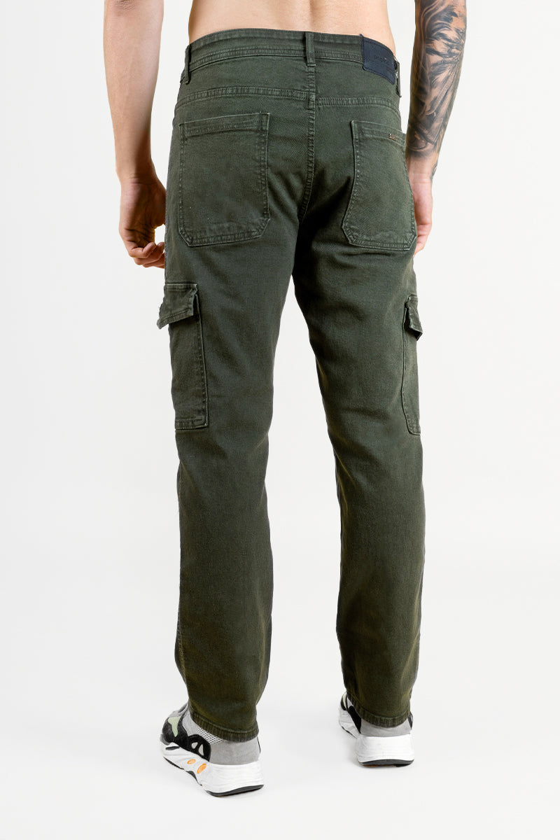 Men's Dark Green Denim Cargo Trousers - Regular Fit